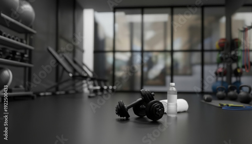 Modern office space with a lone person working on a laptop near a gym area