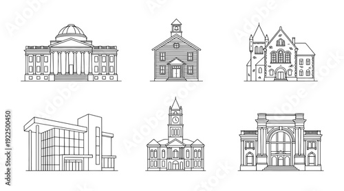 courthouse, 6 black delicate line drawings vector set collection , white background , PNG and SVG