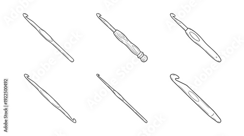 crochet hook, 6 black delicate line drawings vector set collection , white background , PNG and SVG