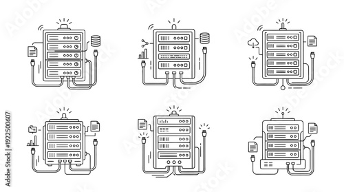 database server, 6 black delicate line drawings vector set collection , white background , PNG and SVG
