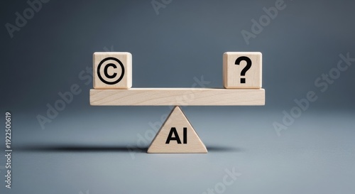 Balancing copyright symbol and question mark over AI concept  
