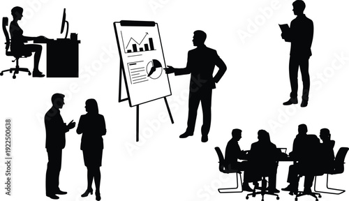 Business meeting and office work silhouettes, corporate teamwork presentation discussion workspace scenes isolated vector illustration set