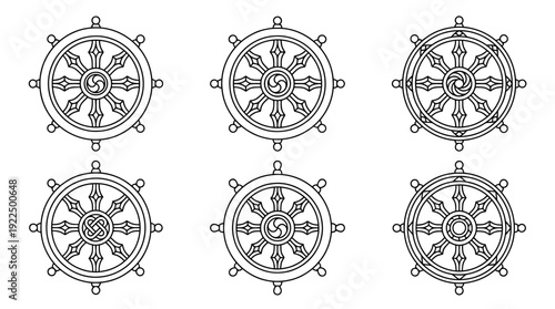 dharma wheel, 6 black delicate line drawings vector set collection , white background , PNG and SVG