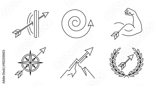 determination arrow, 6 black delicate line drawings vector set collection , white background , PNG and SVG