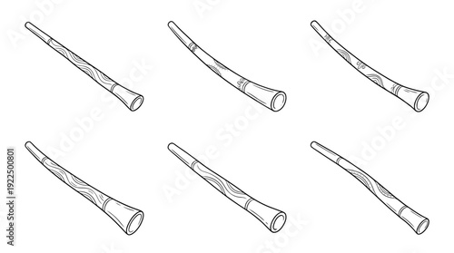 didgeridoo, 6 black delicate line drawings vector set collection , white background , PNG and SVG