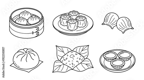 dim sum, 6 black delicate line drawings vector set collection , white background , PNG and SVG