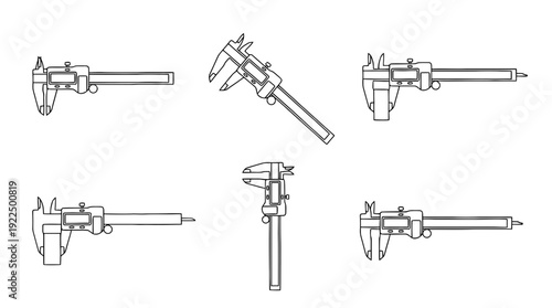 digital caliper, 6 black delicate line drawings vector set collection , white background , PNG and SVG