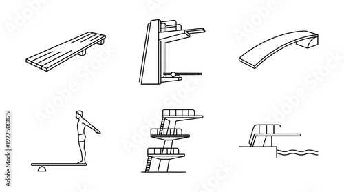 diving board, 6 black delicate line drawings vector set collection , white background , PNG and SVG