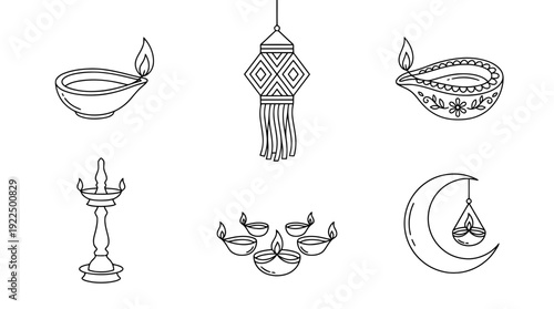 diwali lamp, 6 black delicate line drawings vector set collection , white background , PNG and SVG