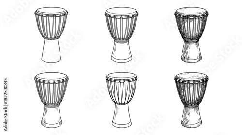 djembe drum, 6 black delicate line drawings vector set collection , white background , PNG and SVG