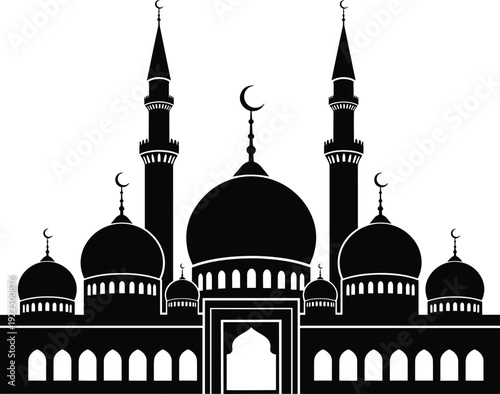 Black Mosque Silhouette with Domes and Minarets Islamic Architecture Vector Illustration Isolated on White Background