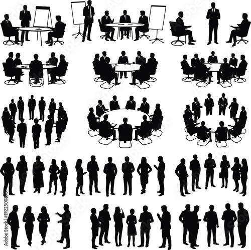 Business meeting silhouettes collection, corporate teams discussion conference boardroom people group isolated vector illustration set