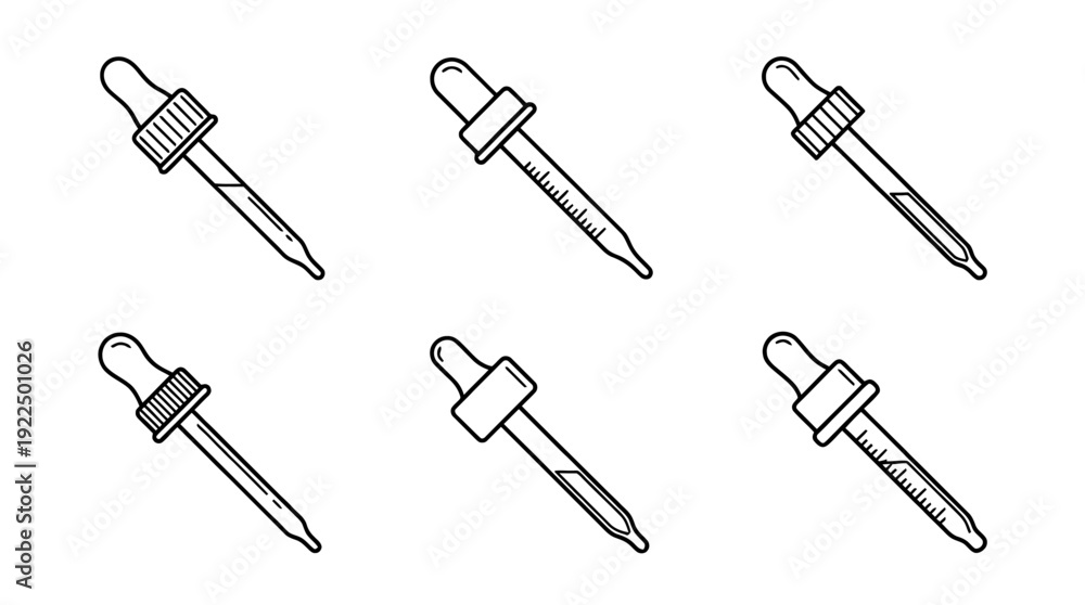 Fototapeta premium dropper, 6 black delicate line drawings vector set collection , white background , PNG and SVG