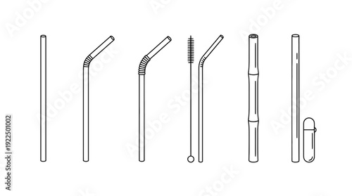drinking straw, 6 black delicate line drawings vector set collection , white background , PNG and SVG
