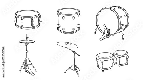 drums, 6 black delicate line drawings vector set collection , white background , PNG and SVG