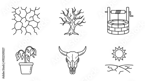 drought, 6 black delicate line drawings vector set collection , white background , PNG and SVG