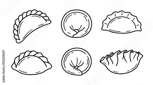 dumpling, 6 black delicate line drawings vector set collection , white background , PNG and SVG