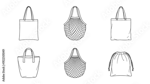eco bag, 6 black delicate line drawings vector set collection , white background , PNG and SVG