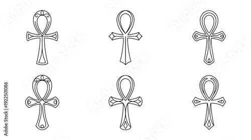 egyptian ankh, 6 black delicate line drawings vector set collection , white background , PNG and SVG
