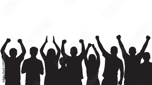 Group silhouette of cheering crowd with raised hands, celebrating a victory or event, symbolizing success and unity.