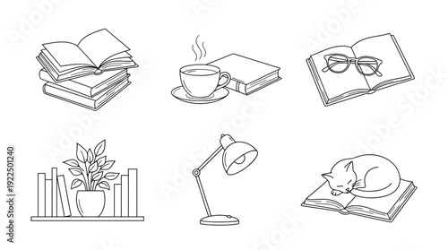 ereader book, 6 black delicate line drawings vector set collection , white background , PNG and SVG