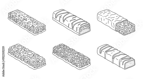 energy bar, 6 black delicate line drawings vector set collection , white background , PNG and SVG