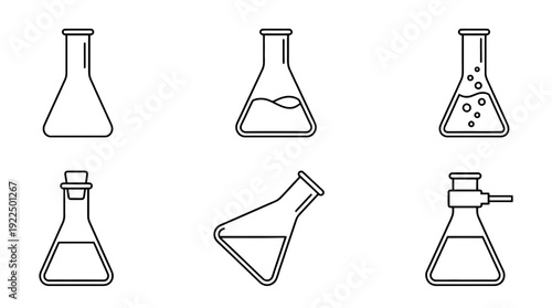 erlenmeyer flask, 6 black delicate line drawings vector set collection , white background , PNG and SVG