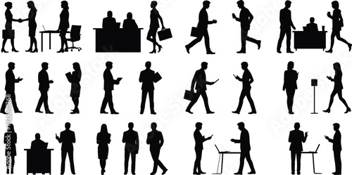 Business people silhouette collection, corporate professionals working walking meeting and communicating isolated on white background, office teamwork concept illustration
