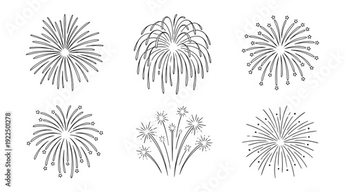 excitement fireworks, 6 black delicate line drawings vector set collection , white background , PNG and SVG