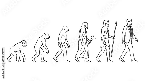 evolution monkey to man, 6 black delicate line drawings vector set collection , white background , PNG and SVG