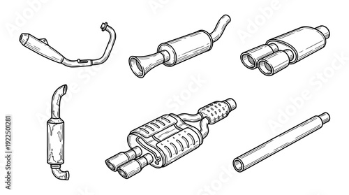 exhaust pipe, 6 black delicate line drawings vector set collection , white background , PNG and SVG
