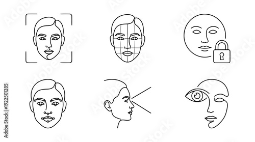 facial recognition, 6 black delicate line drawings vector set collection , white background , PNG and SVG