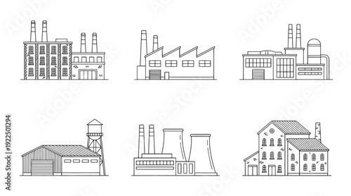 factory building, 6 black delicate line drawings vector set collection , white background , PNG and SVG