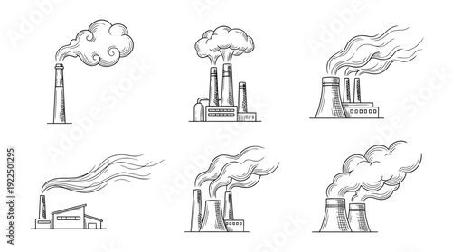 factory smoke, 6 black delicate line drawings vector set collection , white background , PNG and SVG