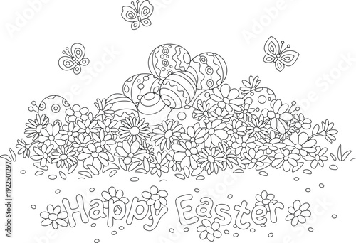 Easter card with a pile of painted gift eggs among spring flowers and small butterflies merrily fluttering around a pretty flowerbed, black and white vector cartoon illustration for a coloring book