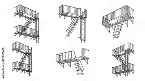 fire escape, 6 black delicate line drawings vector set collection , white background , PNG and SVG