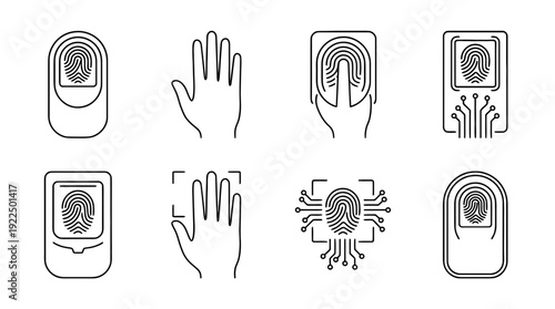 fingerprint scanner, 6 black delicate line drawings vector set collection , white background , PNG and SVG