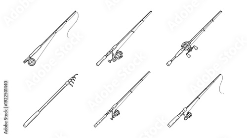 fishing rod, 6 black delicate line drawings vector set collection , white background , PNG and SVG