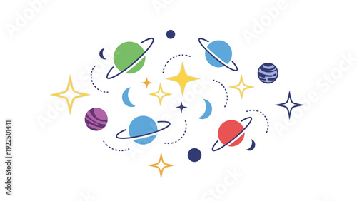 Flat lay illustration of colorful planets, stars, and moons floating in space against a clean white background with a vibrant and celestial mood.