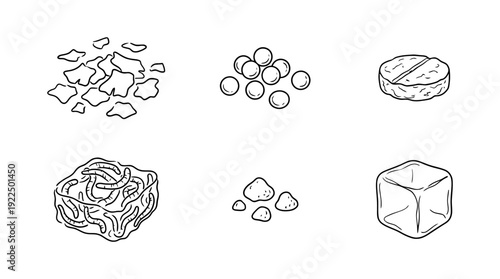 fish food, 6 black delicate line drawings vector set collection , white background , PNG and SVG