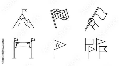 flag goal, 6 black delicate line drawings vector set collection , white background , PNG and SVG