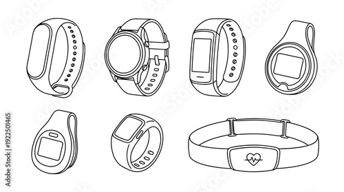 fitness tracker, 6 black delicate line drawings vector set collection , white background , PNG and SVG
