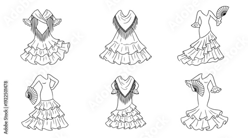 flamenco dress, 6 black delicate line drawings vector set collection , white background , PNG and SVG