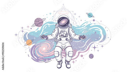 An astronaut floats serenely amidst vibrant, swirling cosmic clouds and celestial bodies in a pastel-hued space scene.