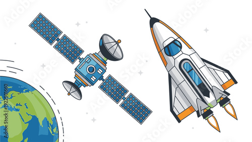 Illustration of a rocket ship and satellite orbiting the Earth in space with a white background.