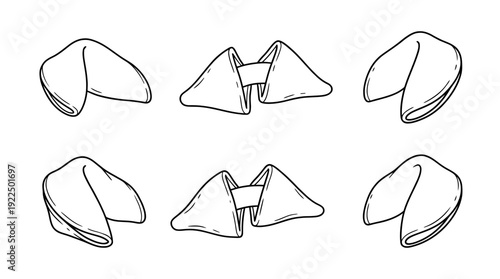 fortune cookie, 6 black delicate line drawings vector set collection , white background , PNG and SVG