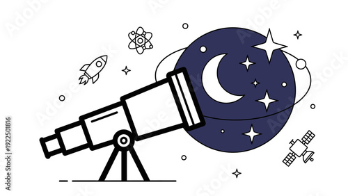Illustration of a telescope on a stand with a moon and stars in the background, surrounded by a rocket and satellite icons in a simple line art style with a dark blue and white color scheme.