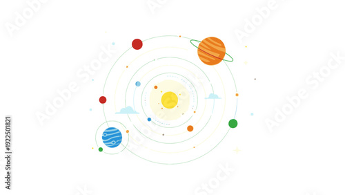 Colorful illustration of the solar system with planets and rings on a white background in a flat design style.