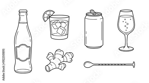 ginger ale, 6 black delicate line drawings vector set collection , white background , PNG and SVG