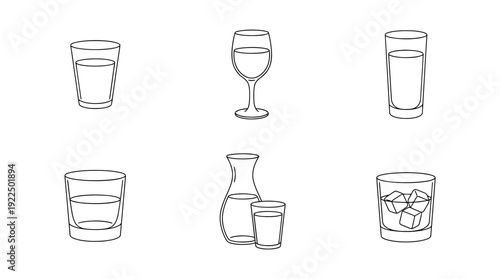 glass of water, 6 black delicate line drawings vector set collection , white background , PNG and SVG